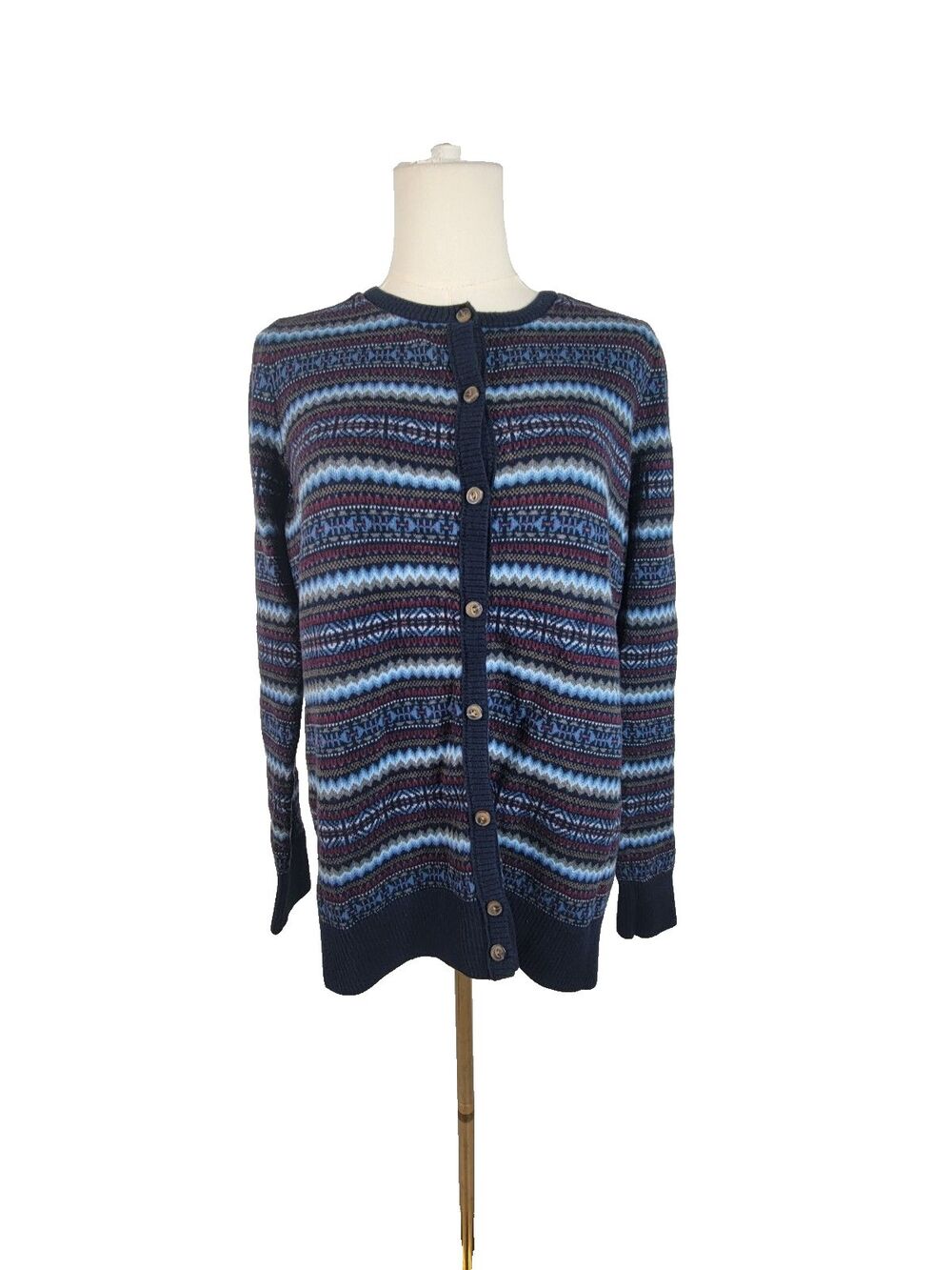 LL Bean Nordic Fair Isle Cardigan Sweater Navy Blue Cotton Cashmere Size M